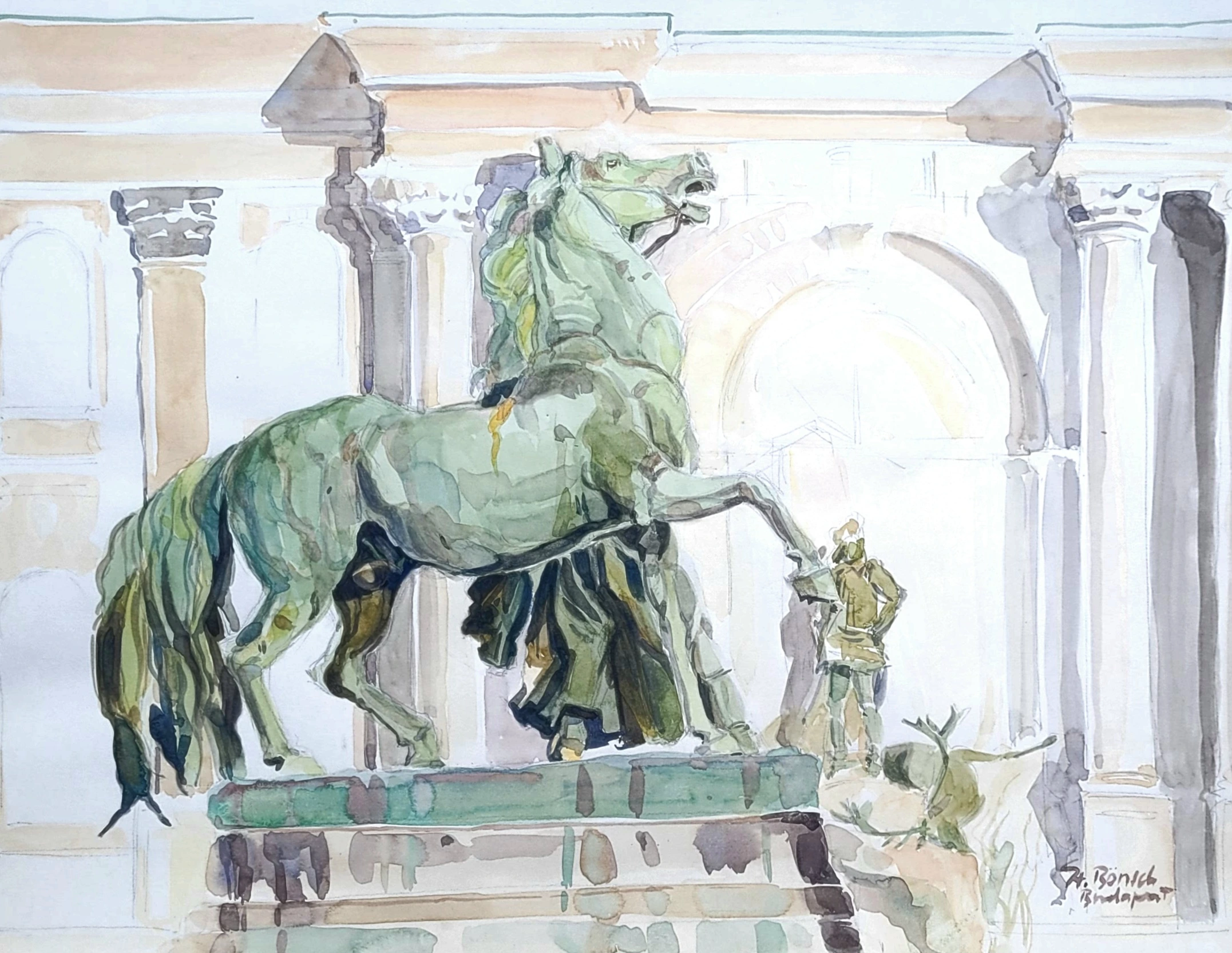 Bronz lószelídítő szobor, Budapest Várhegy, ceruza és akvarell