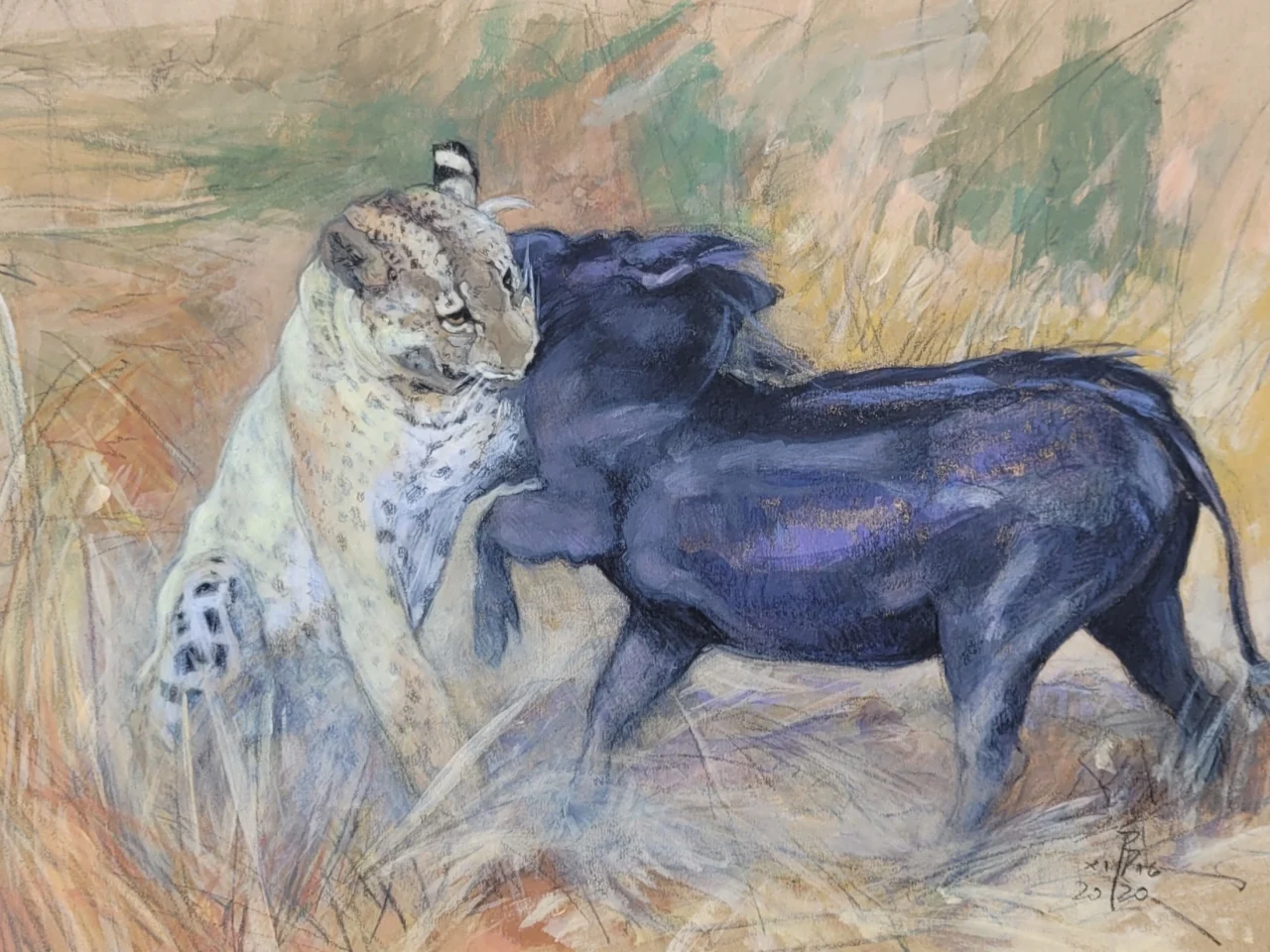 Halálig tartó küzdelem, leopárd és varacskos disznó, viaszkréta és gouache